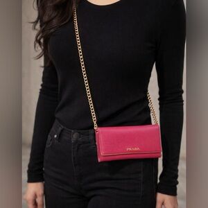Prada Saffiano Leather Flap Wallet - Pink with Gold Crossbody Chain